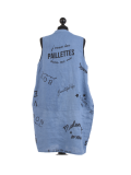 Italian Made Writing Print Sleeveless Linen Lagenlook Dress-Denim back