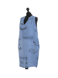 Italian Made Writing Print Sleeveless Linen Lagenlook Dress-Denim side