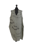 Italian Made Writing Print Sleeveless Linen Lagenlook Dress-Khaki