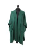Italian Open Front Pocket Side Button Lagenlook Hooded Poncho-Bottle green