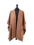 Italian Open Front Pocket Side Button Lagenlook Hooded Poncho-Camel