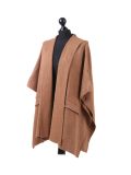 Italian Open Front Pocket Side Button Lagenlook Hooded Poncho-camel side