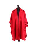 Italian Open Front Pocket Side Button Lagenlook Hooded Poncho-Crimson
