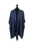 Italian Open Front Pocket Side Button Lagenlook Hooded Poncho-Denim