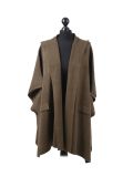 Italian Open Front Pocket Side Button Lagenlook Hooded Poncho-Khaki