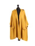 Italian Open Front Pocket Side Button Lagenlook Hooded Poncho-Mustard