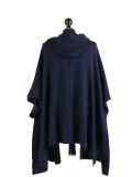 Italian Open Front Pocket Side Button Lagenlook Hooded Poncho-Navy back
