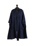 Italian Open Front Pocket Side Button Lagenlook Hooded Poncho-Navy