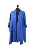 Italian Open Front Pocket Side Button Lagenlook Hooded Poncho-royal blue