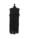 Italian Plain Back Button Sleeveless Linen Lagenlook Dress -Black