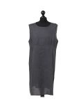Italian Plain Back Button Sleeveless Linen Lagenlook Dress -Charcoal