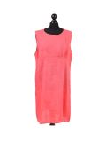 Italian Plain Back Button Sleeveless Linen Lagenlook Dress -Coral
