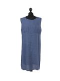 Italian Plain Back Button Sleeveless Linen Lagenlook Dress -Denim