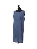 Italian Plain Back Button Sleeveless Linen Lagenlook Dress -Denim side