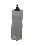 Italian Plain Back Button Sleeveless Linen Lagenlook Dress -Khaki