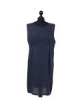 Italian Plain Back Button Sleeveless Linen Lagenlook Dress -Navy