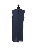 Italian Plain Back Button Sleeveless Linen Lagenlook Dress -Navy back