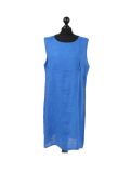 Italian Plain Back Button Sleeveless Linen Lagenlook Dress -royal blue
