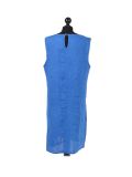 Italian Plain Back Button Sleeveless Linen Lagenlook Dress -royal blue back