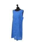 Italian Plain Back Button Sleeveless Linen Lagenlook Dress -royal blue side