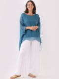 Italian Plain Batwing Silk Tunic Top-Teal 1