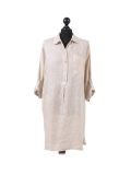 Italian Plain Front Buttons & Pockets Linen Lagenlook Top-beige