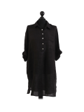 Italian Plain Front Buttons & Pockets Linen Lagenlook Top-Black