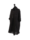Italian Plain Front Buttons & Pockets Linen Lagenlook Top-Black side