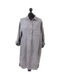 Italian Plain Front Buttons & Pockets Linen Lagenlook Top-Charcoal