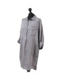 Italian Plain Front Buttons & Pockets Linen Lagenlook Top-Charcoal side
