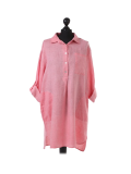 Italian Plain Front Buttons & Pockets Linen Lagenlook Top-Coral