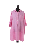 Italian Plain Front Buttons & Pockets Linen Lagenlook Top-Fuchsia