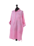 Italian Plain Front Buttons & Pockets Linen Lagenlook Top-Fuchsia side