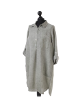 Italian Plain Front Buttons & Pockets Linen Lagenlook Top-Khaki side