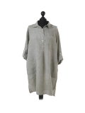 Italian Plain Front Buttons & Pockets Linen Lagenlook Top-Khaki