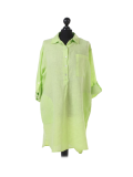 Italian Plain Front Buttons & Pockets Linen Lagenlook Top-Lime
