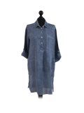 Italian Plain Front Buttons & Pockets Linen Lagenlook Top-Navy