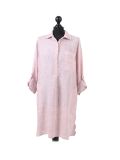 Italian Plain Front Buttons & Pockets Linen Lagenlook Top-Pink