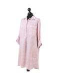 Italian Plain Front Buttons & Pockets Linen Lagenlook Top-Pink side