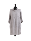 Italian Plain Front Buttons & Pockets Linen Lagenlook Top-Silver