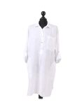 Italian Plain Front Buttons & Pockets Linen Lagenlook Top-white