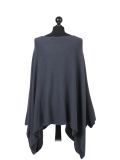 Italian Plain Front Pocket Plus Size Knitted Tunic Poncho-charcoal back