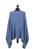 Italian Plain Front Pocket Plus Size Knitted Tunic Poncho-Denim back
