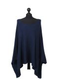 Italian Plain Front Pocket Plus Size Knitted Tunic Poncho-Navy