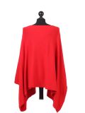 Italian Plain Front Pocket Plus Size Knitted Tunic Poncho-Red back