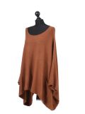 Italian Plain Front Pocket Plus Size Knitted Tunic Poncho-Rust side