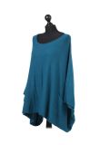 Italian Plain Front Pocket Plus Size Knitted Tunic Poncho-Teal side