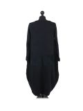 Italian Plain Front Pockets Quirky Cotton Lagenlook Dress-Black back