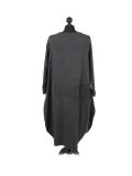 Italian Plain Front Pockets Quirky Cotton Lagenlook Dress-Charcoal back
