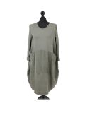 Italian Plain Front Pockets Quirky Cotton Lagenlook Dress-Khaki